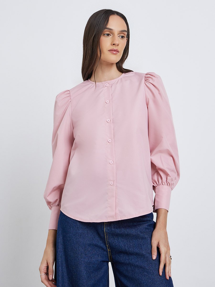 Solid Balloon Sleeve Buttoned Blouse