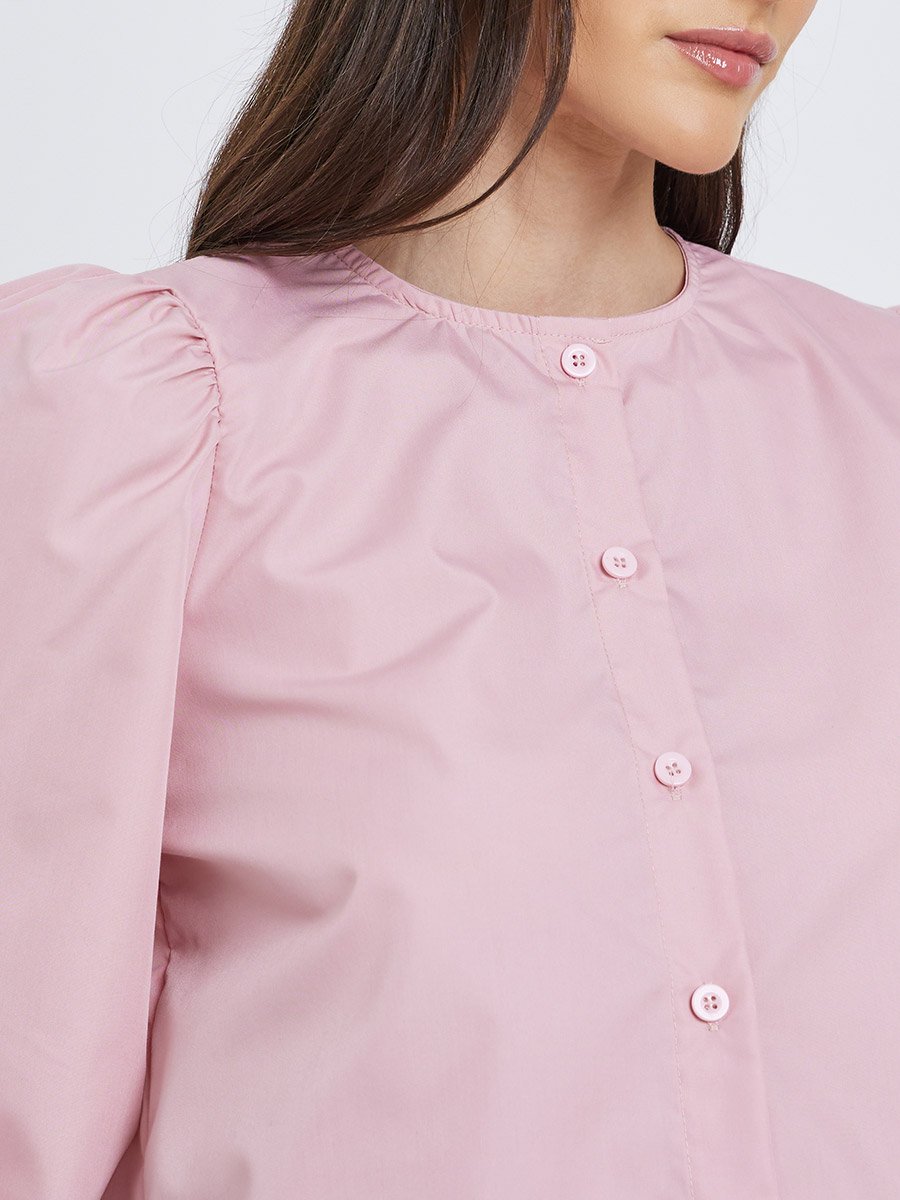 Solid Balloon Sleeve Buttoned Blouse