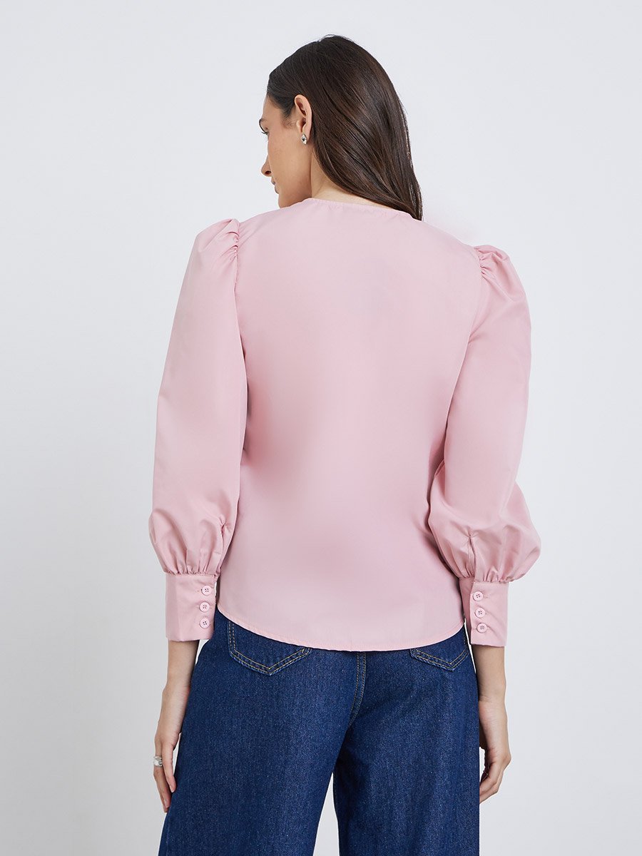 Solid Balloon Sleeve Buttoned Blouse