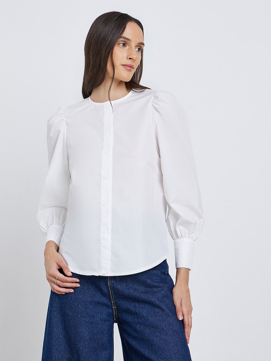 Solid Balloon Sleeve Buttoned Blouse