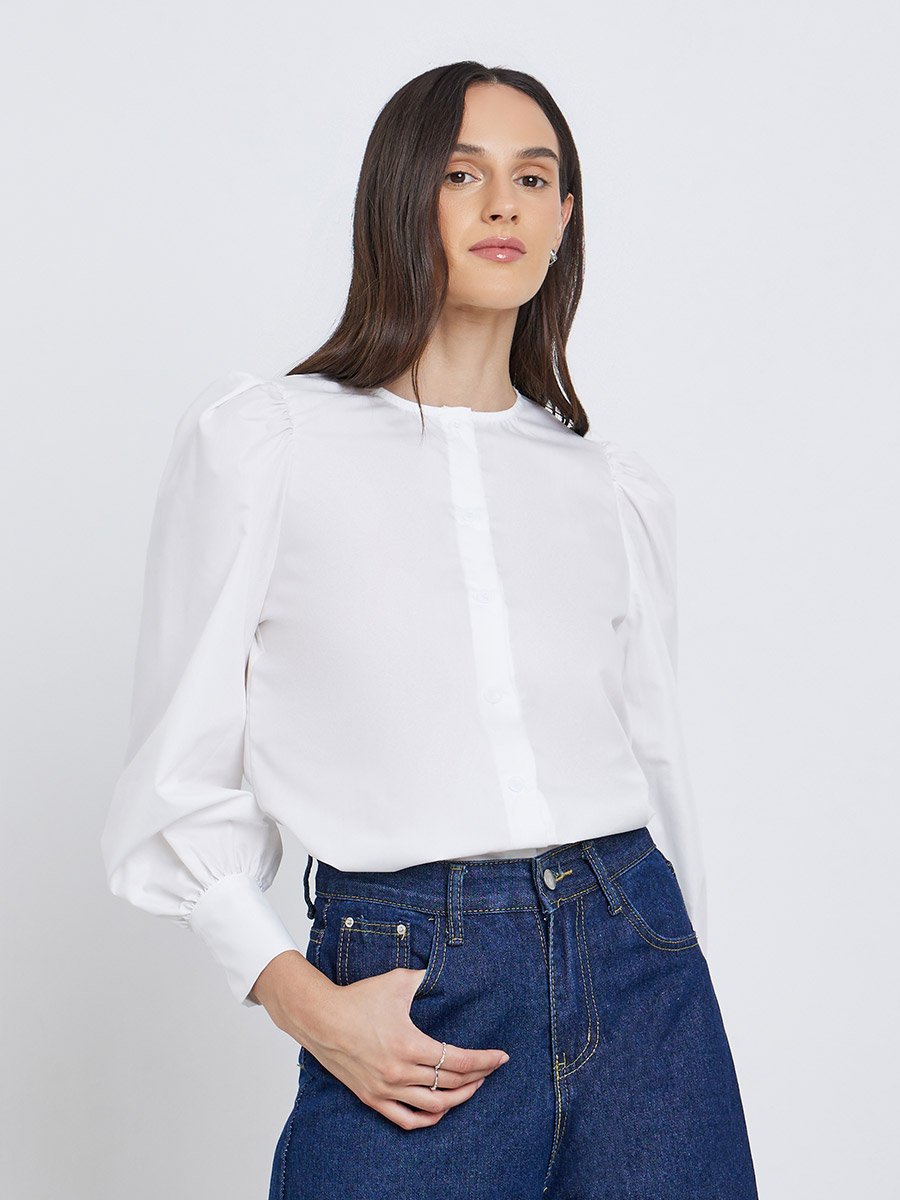 Solid Balloon Sleeve Buttoned Blouse