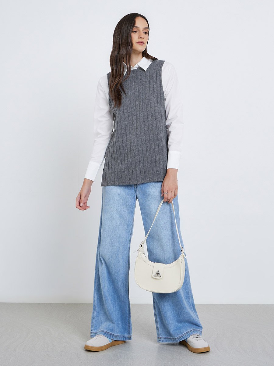Women Charcoal Ribbed Overlay Shirt