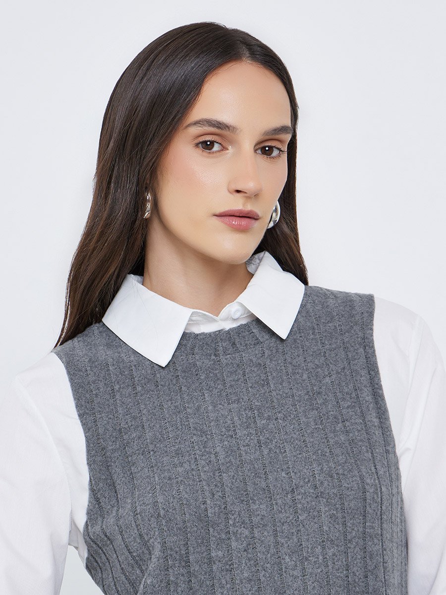 Women Charcoal Ribbed Overlay Shirt