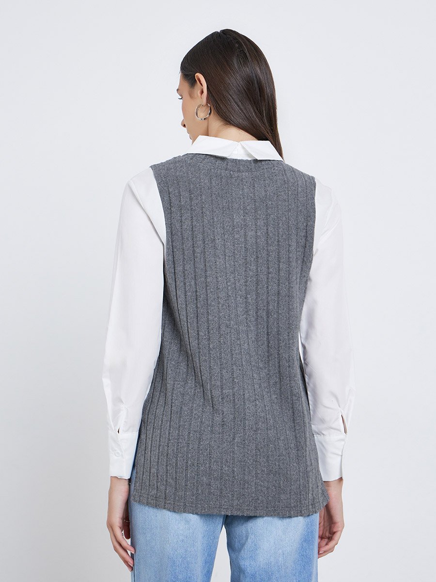 Women Charcoal Ribbed Overlay Shirt