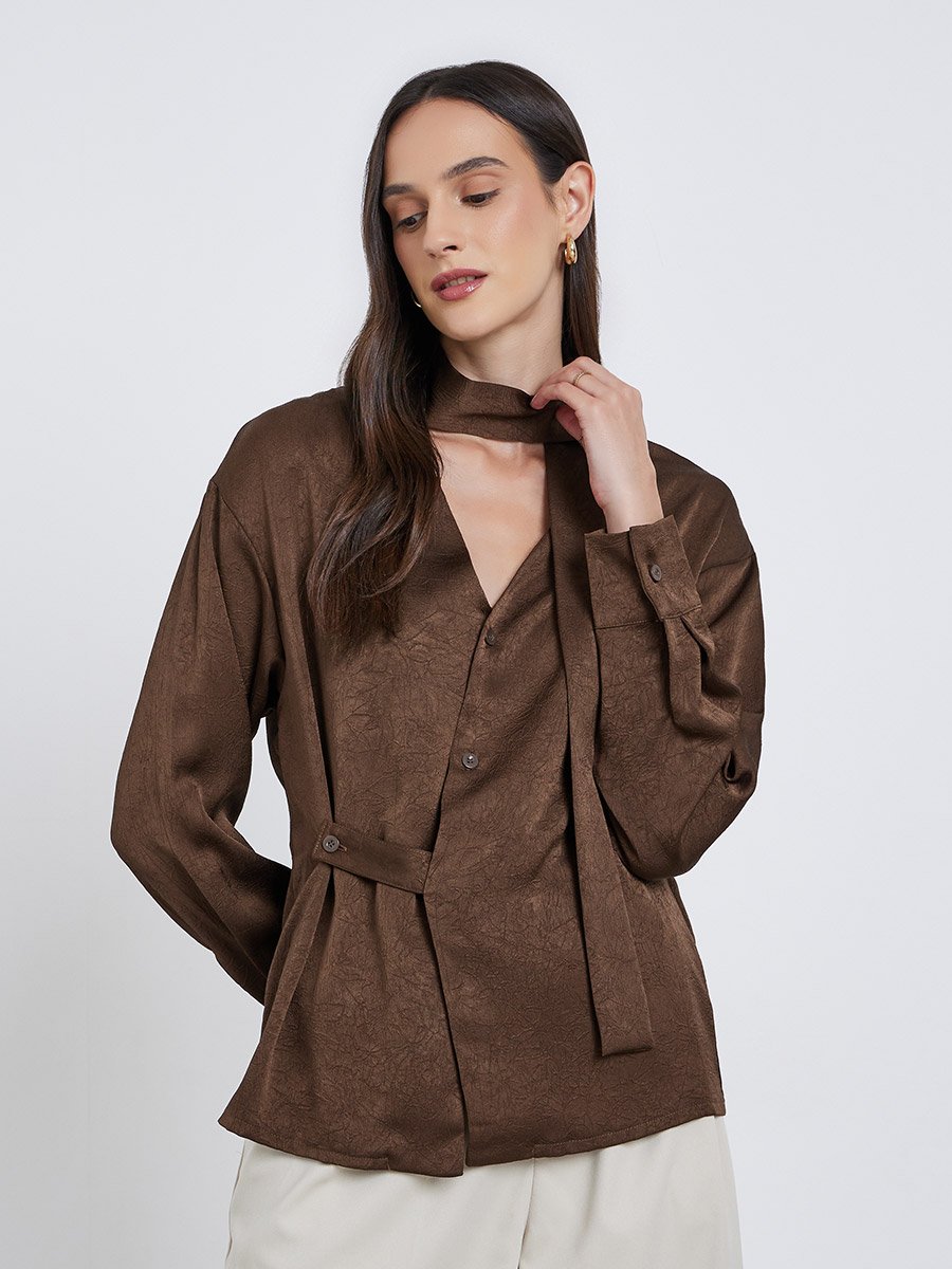 Brown Tie-Neck Buttoned Blouse