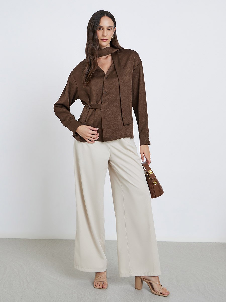 Brown Tie-Neck Buttoned Blouse