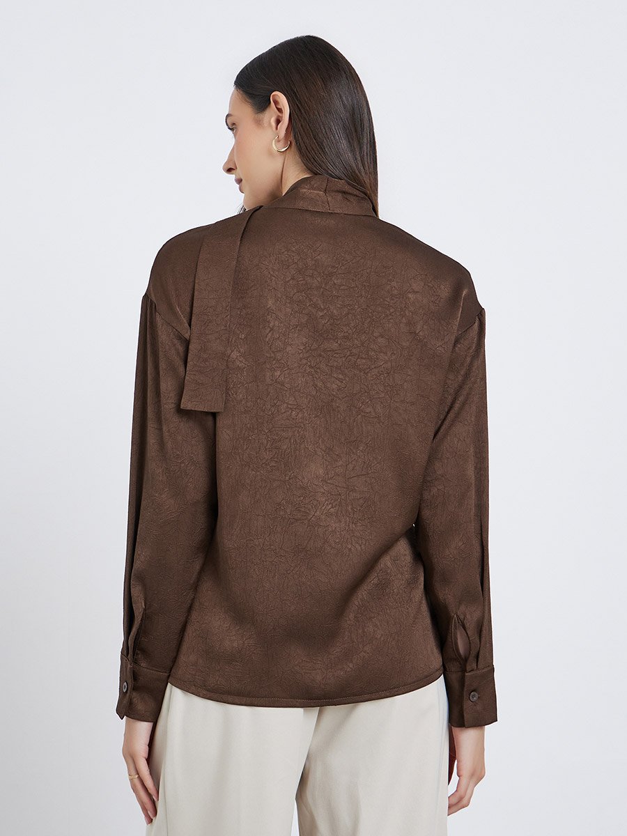 Brown Tie-Neck Buttoned Blouse