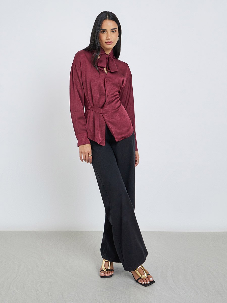 Burgundy Tie-Neck Buttoned Blouse