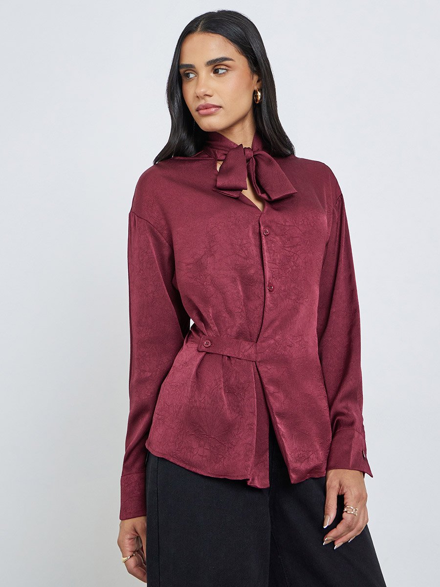 Burgundy Tie-Neck Buttoned Blouse