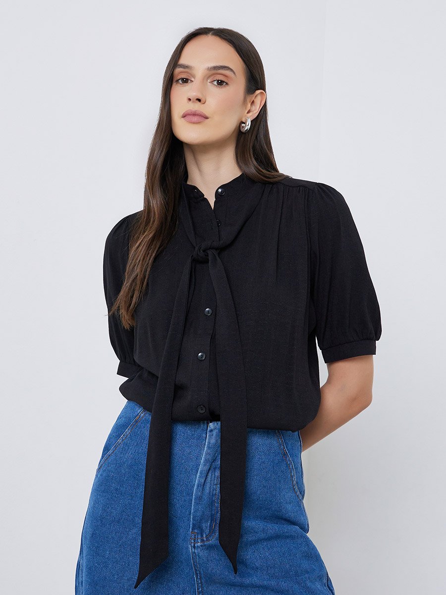 Solid Tie Up Neck Puff Sleeve Blouse