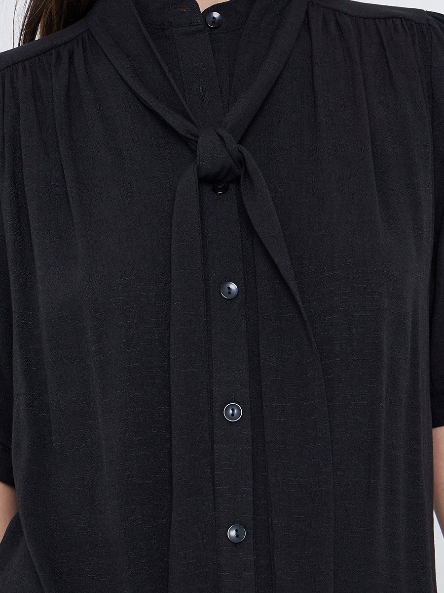 Solid Tie Up Neck Puff Sleeve Blouse