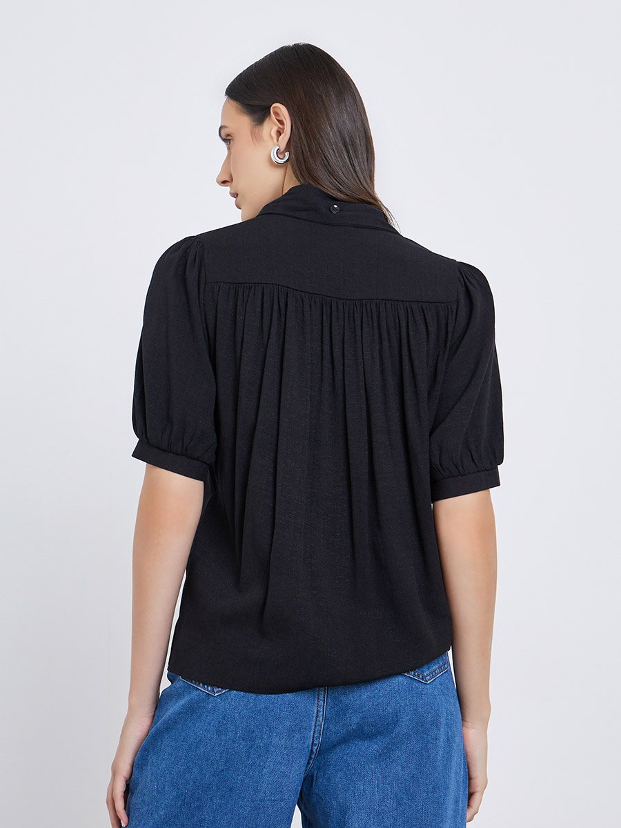 Solid Tie Up Neck Puff Sleeve Blouse