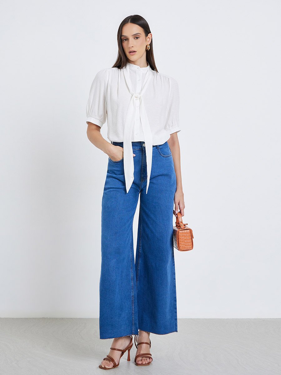 Solid Tie Up Neck Puff Sleeve Blouse