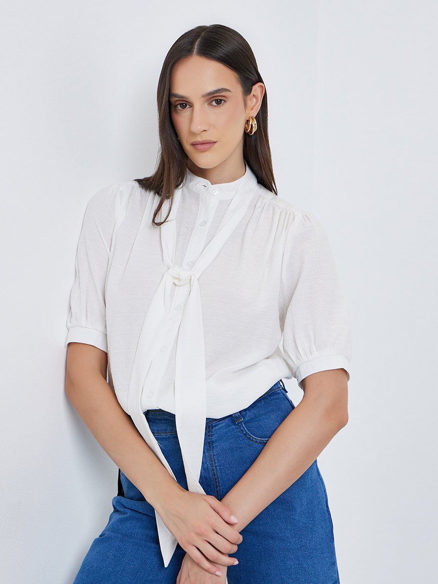 Solid Tie Up Neck Puff Sleeve Blouse