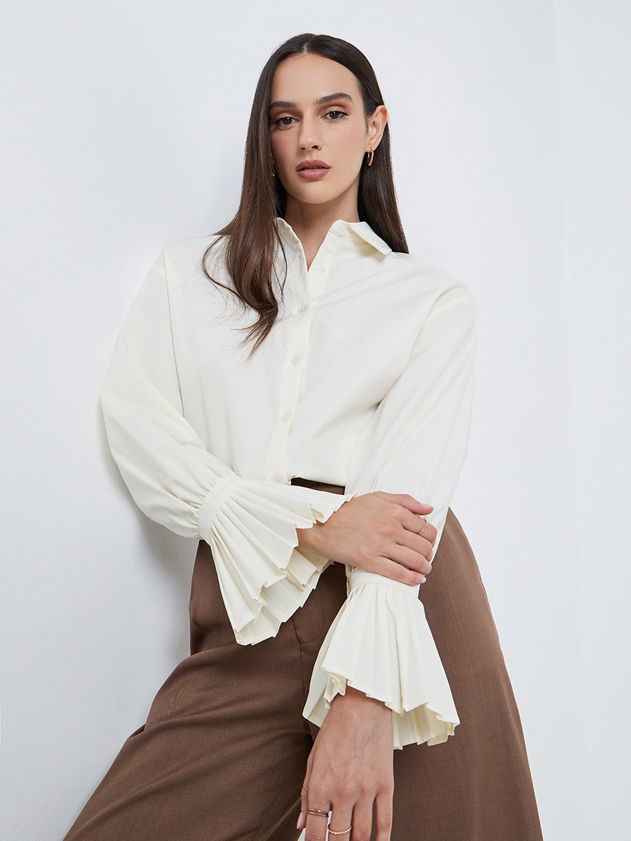 Solid Pleated Detail Long Sleeve Shirt