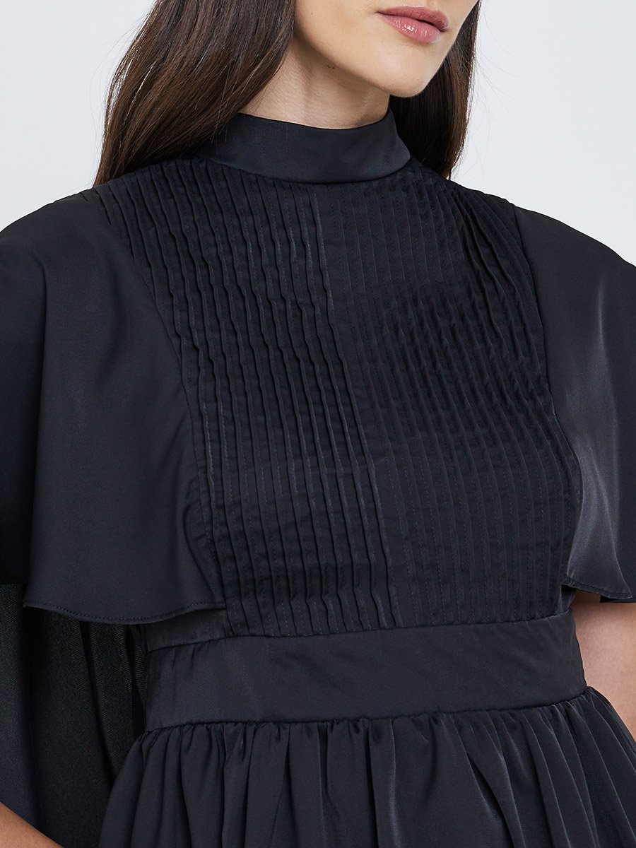 Pleated High Neck Cape Sleeve Blouse