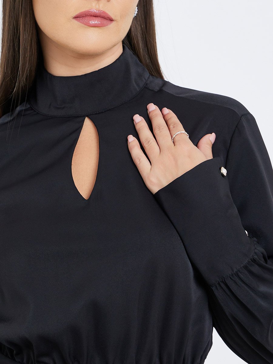 Solid High Keyhole Neck Curved Hem Blouse