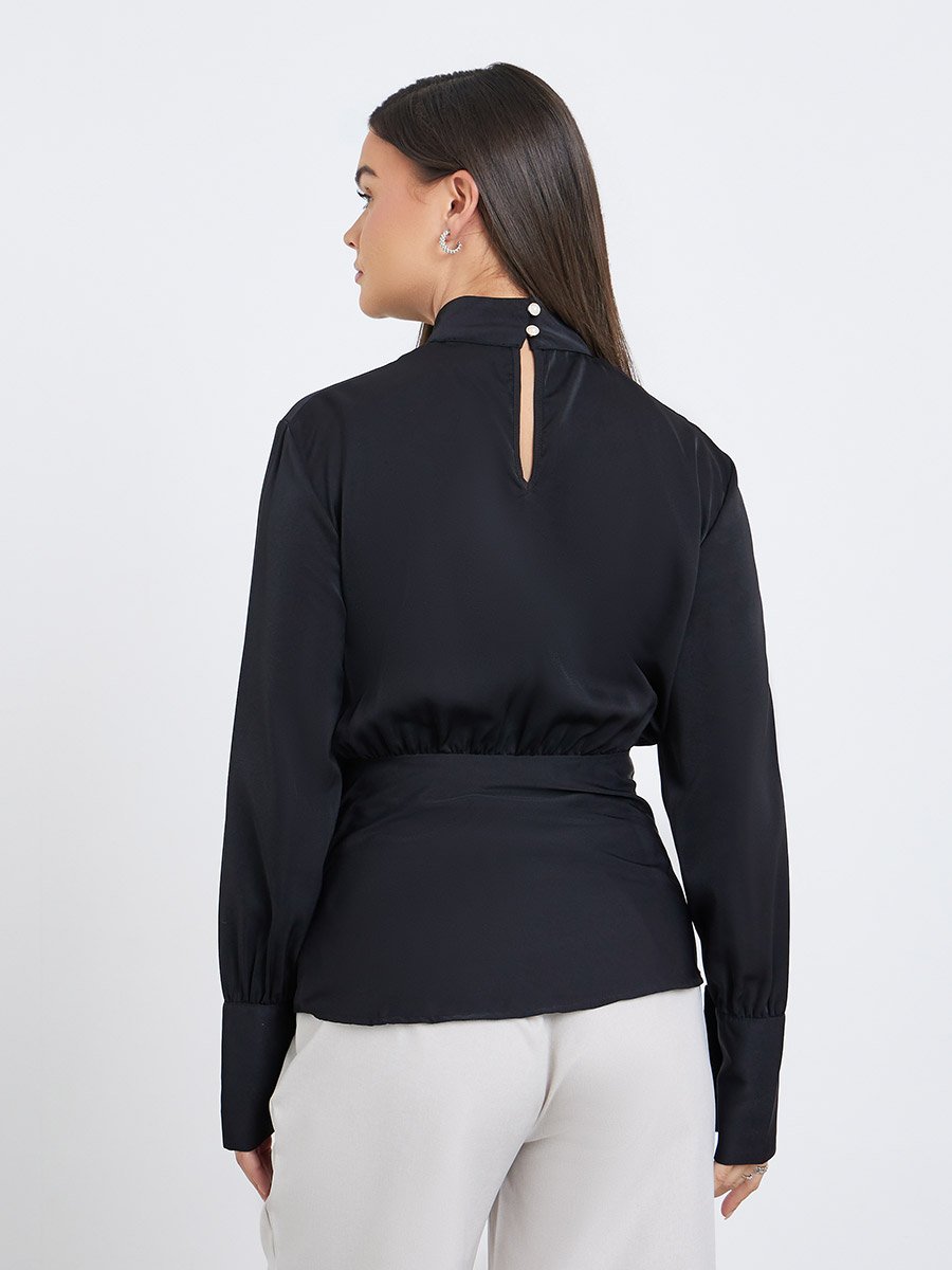 Solid High Keyhole Neck Curved Hem Blouse