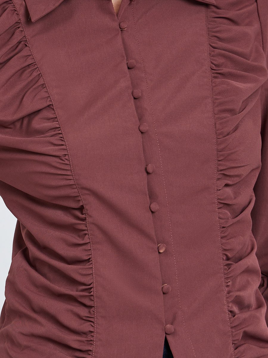 Brown Ruched Front Long Sleeve Shirt