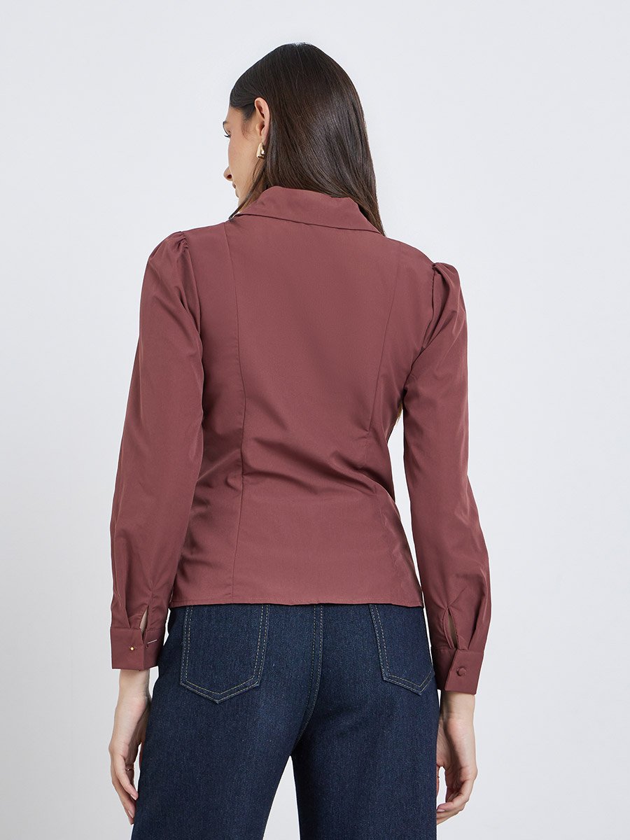 Brown Ruched Front Long Sleeve Shirt