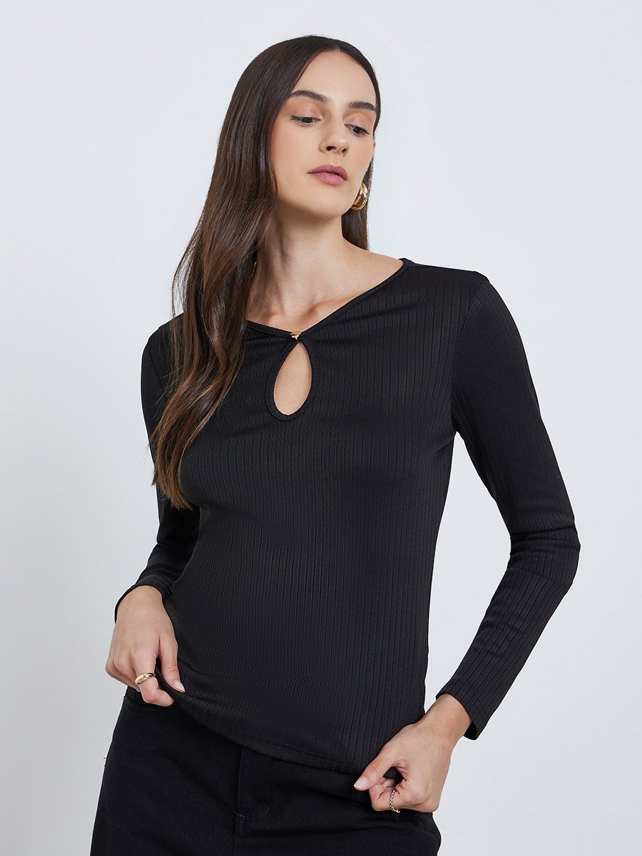Black Ribbed Knit Top with Keyhole Detail