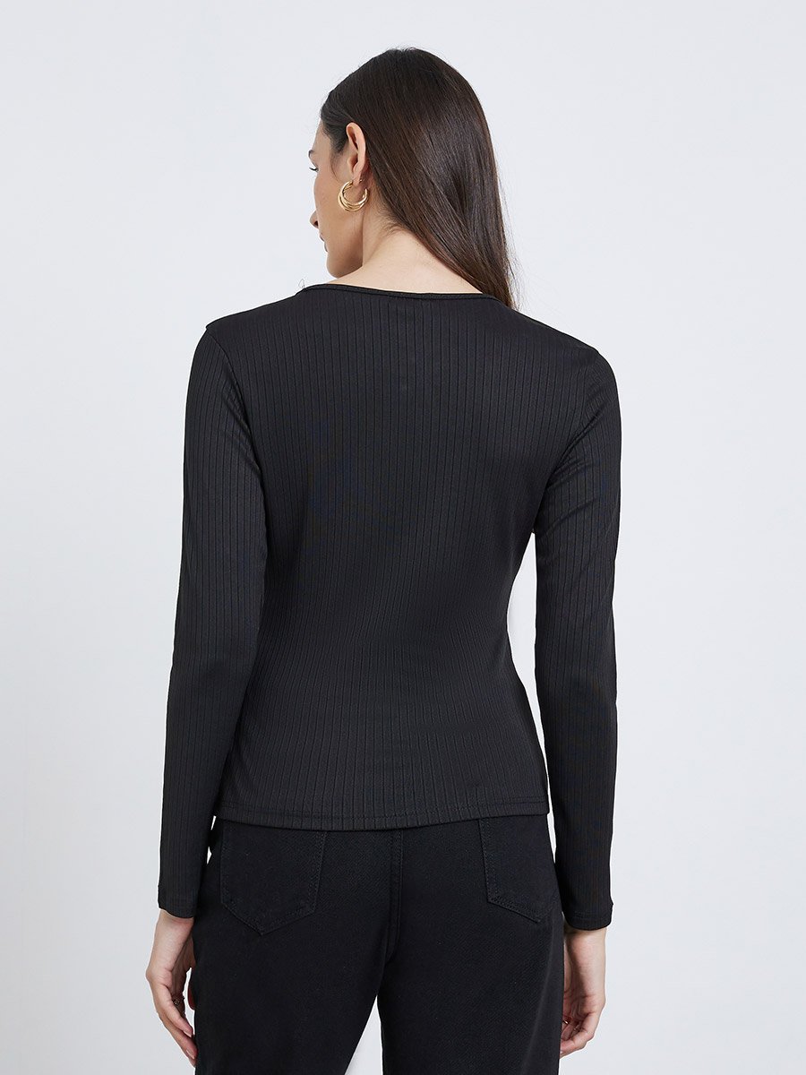 Black Ribbed Knit Top with Keyhole Detail
