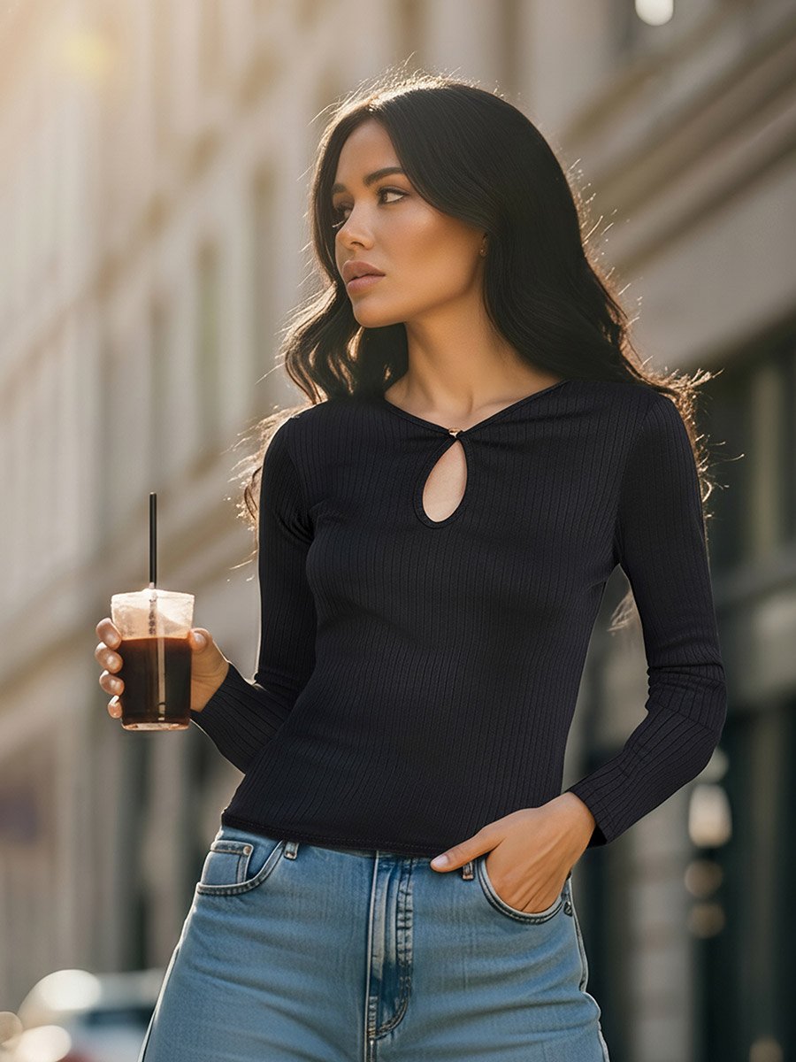 Black Ribbed Knit Top with Keyhole Detail