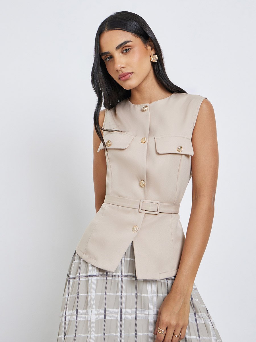 Sleeveless Round Neck Belted Waistcoat