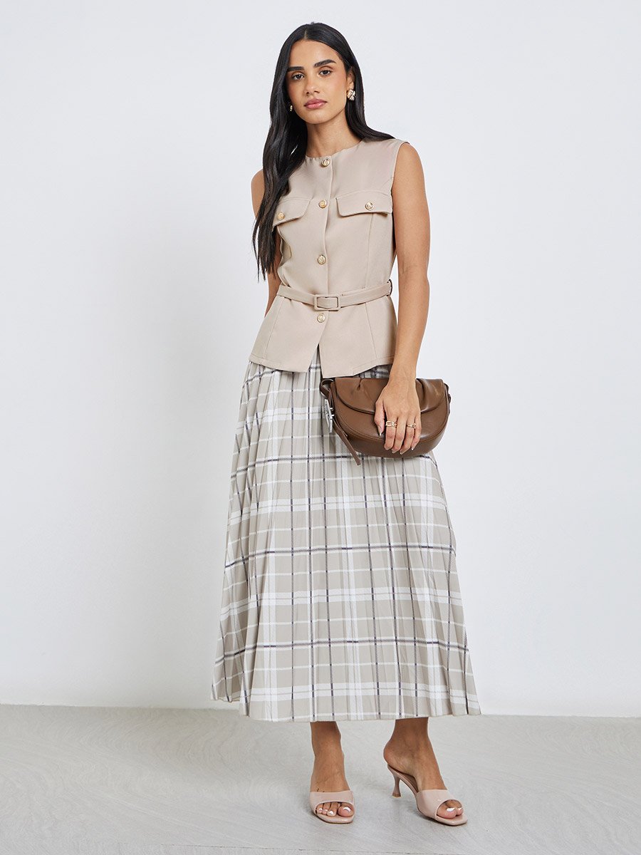 Sleeveless Round Neck Belted Waistcoat