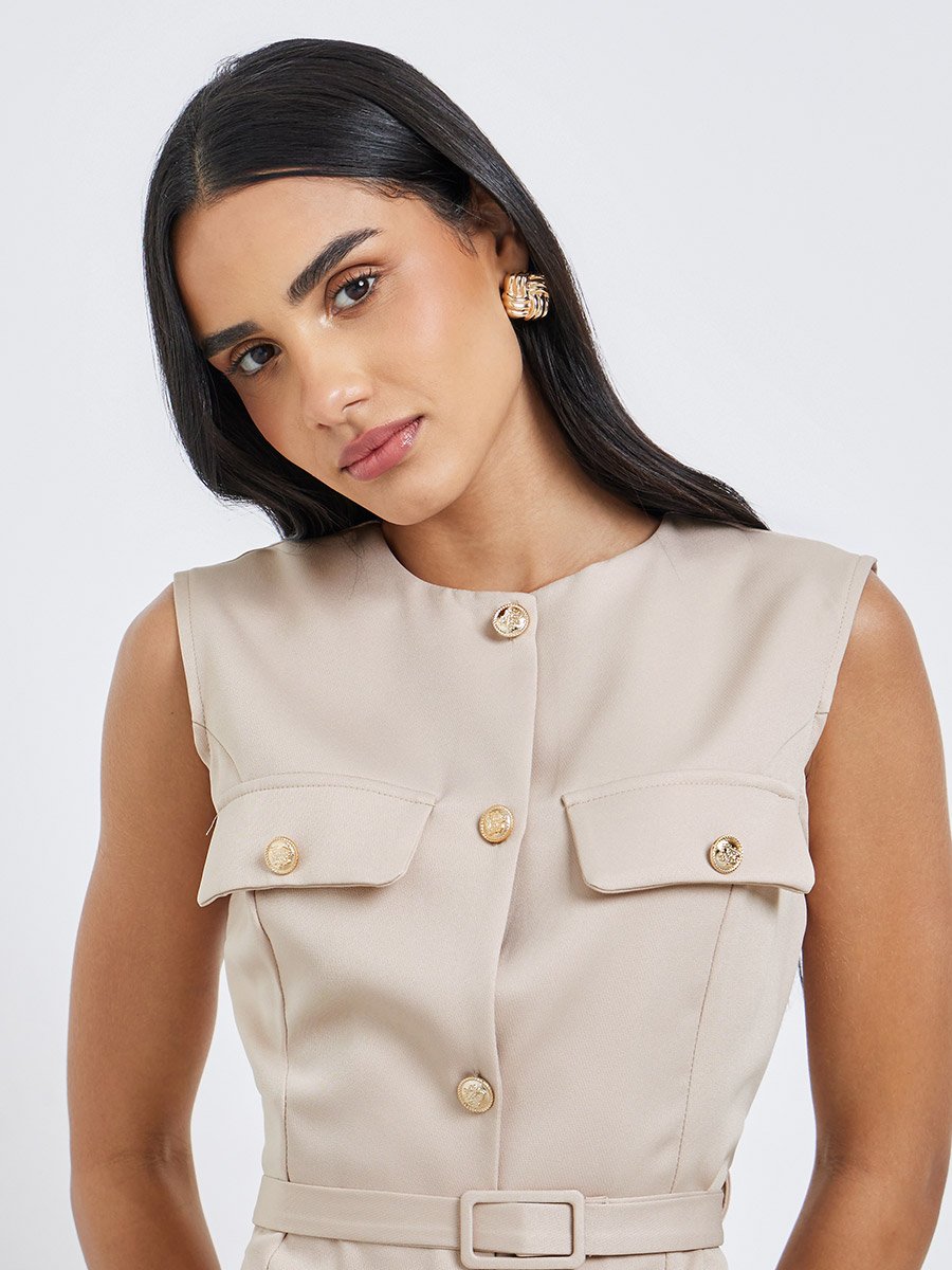 Sleeveless Round Neck Belted Waistcoat