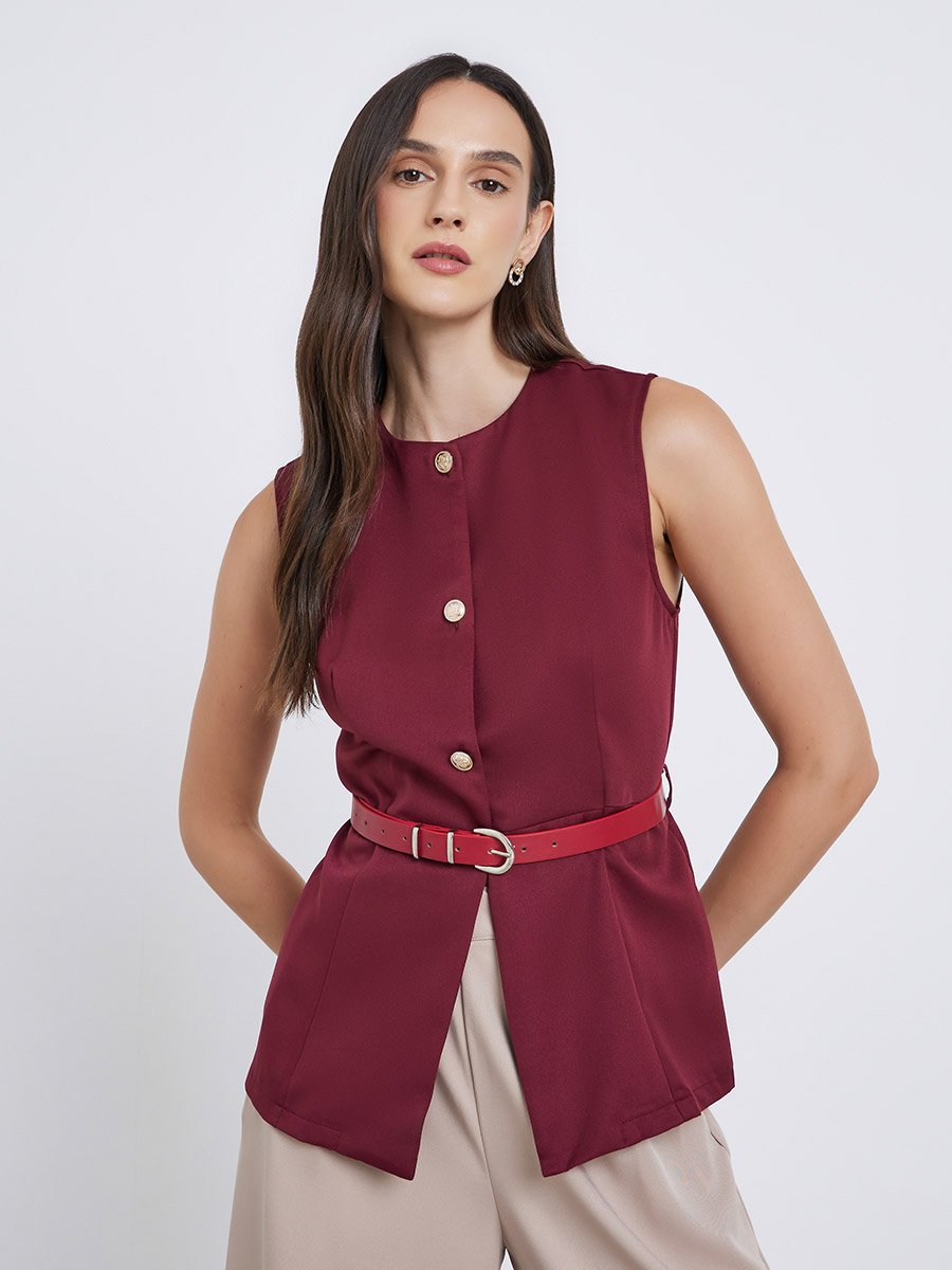Round Neck Buttoned Waistcoat with Belt