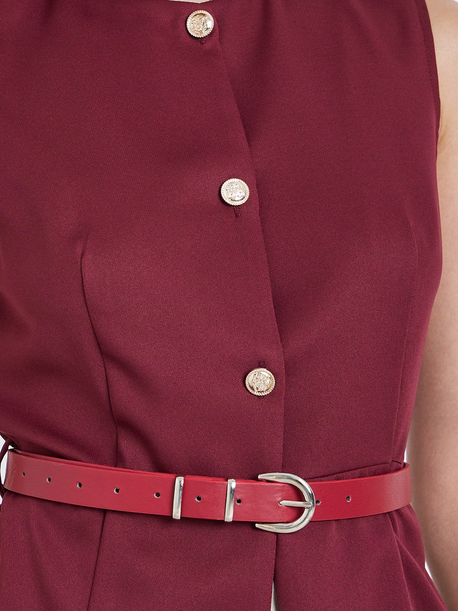 Round Neck Buttoned Waistcoat with Belt
