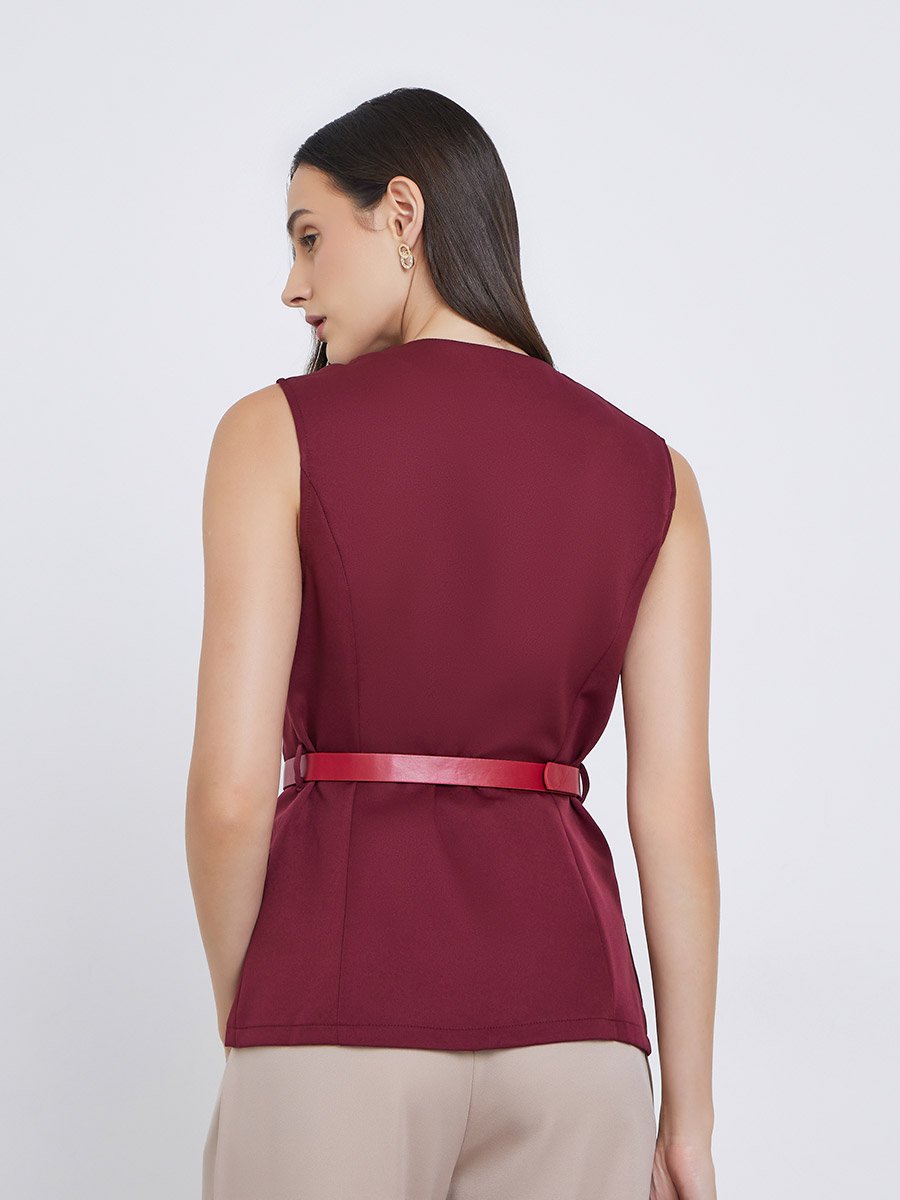 Round Neck Buttoned Waistcoat with Belt