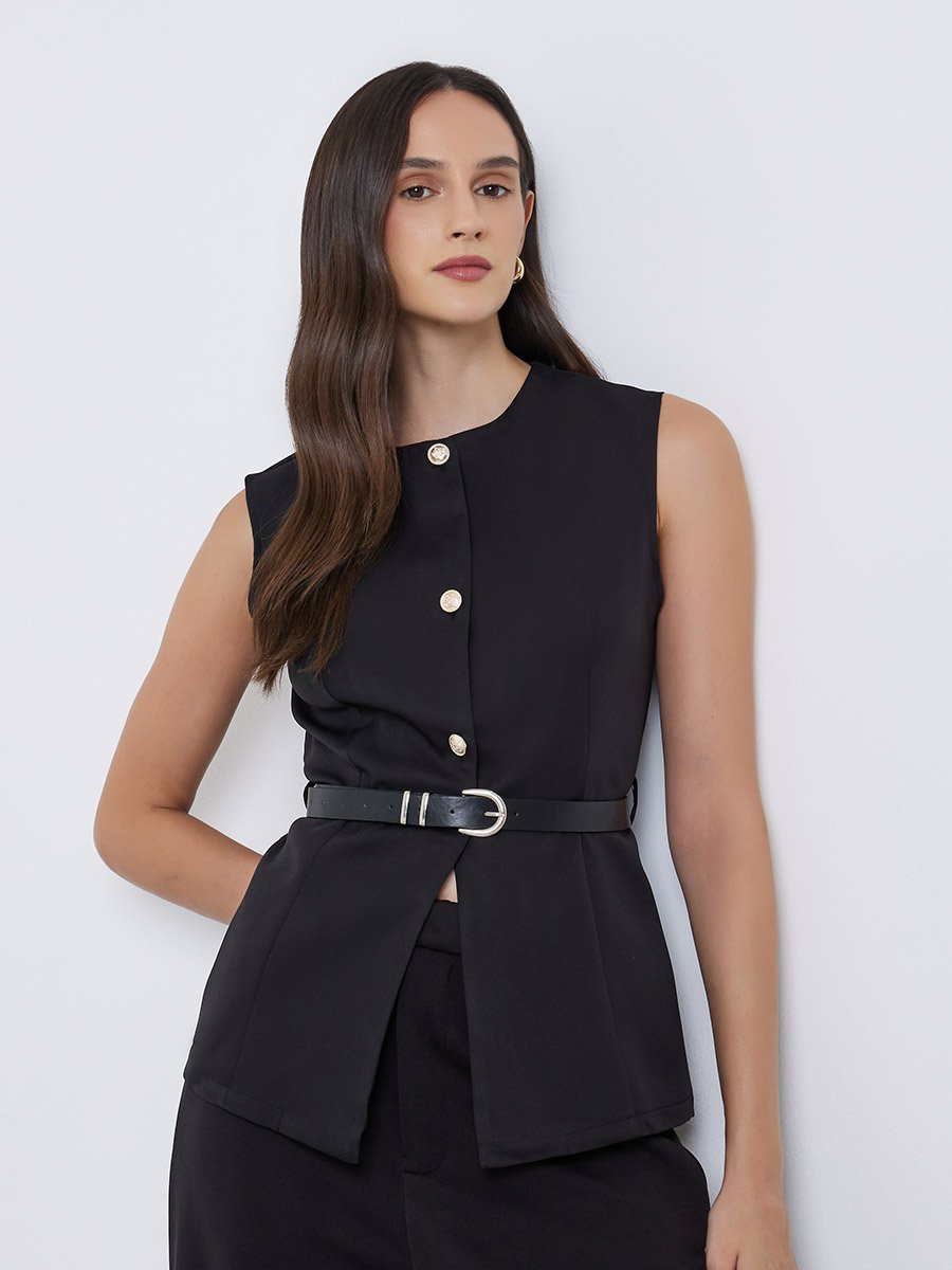 Round Neck Buttoned Waistcoat with Belt