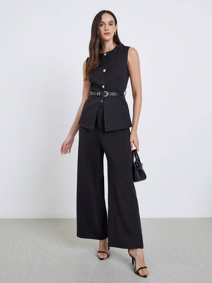 Round Neck Buttoned Waistcoat with Belt