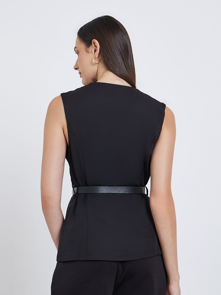 Round Neck Buttoned Waistcoat with Belt