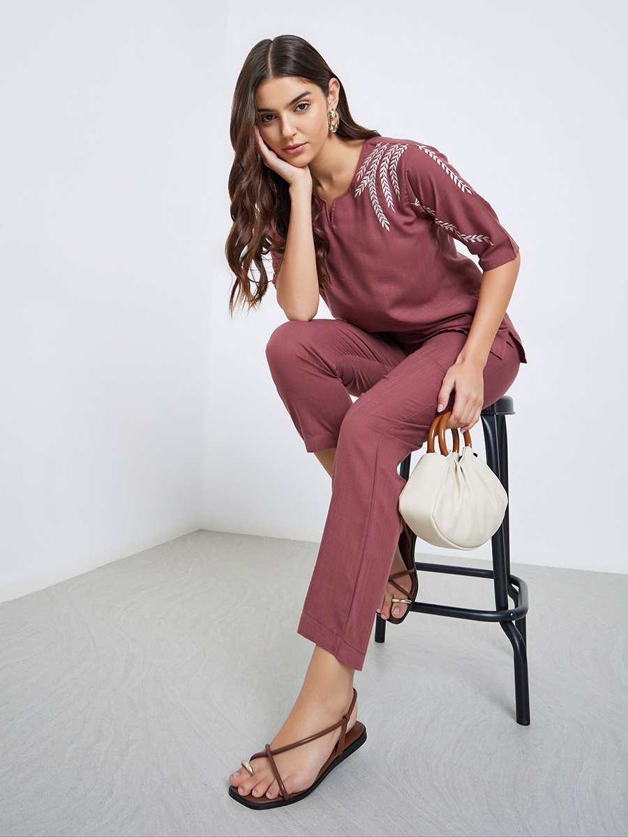 Women Embroidered Panel Top and Pants Co-Ords