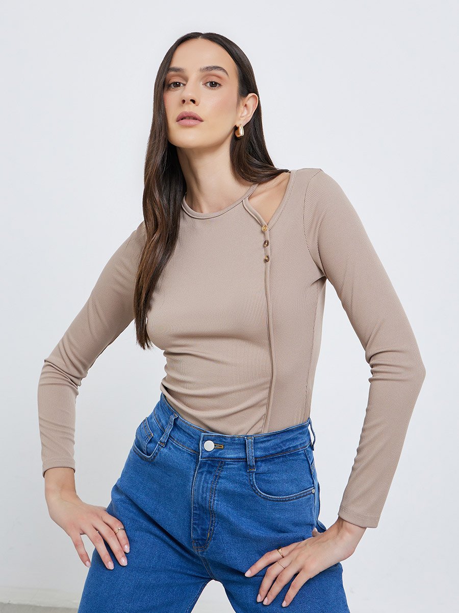 Brown Ribbed Knit Top with Cut-Out Detail