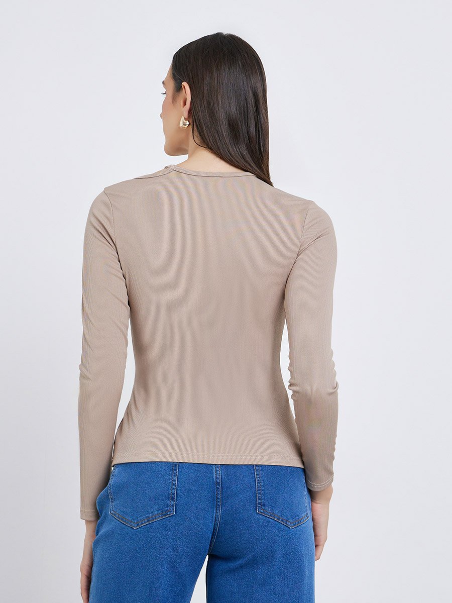 Brown Ribbed Knit Top with Cut-Out Detail
