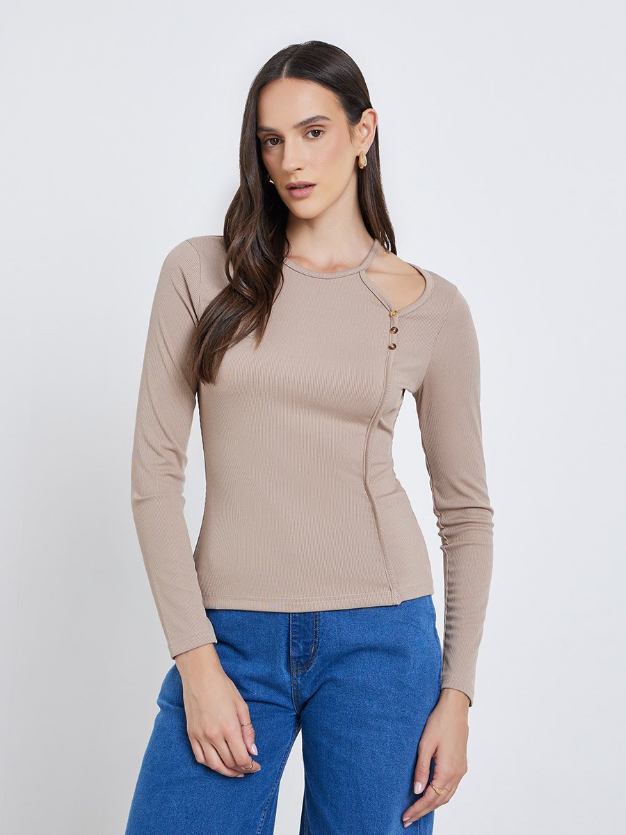Brown Ribbed Knit Top with Cut-Out Detail