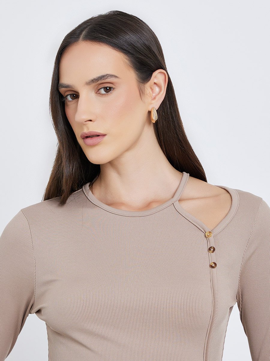 Brown Ribbed Knit Top with Cut-Out Detail