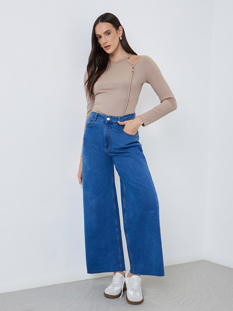 Brown Ribbed Knit Top with Cut-Out Detail
