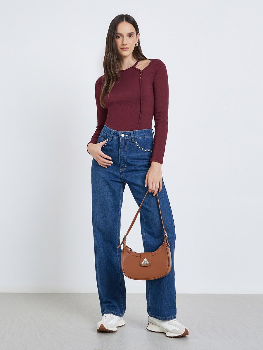 Burgundy Ribbed Knit Top with Cut-Out Detail