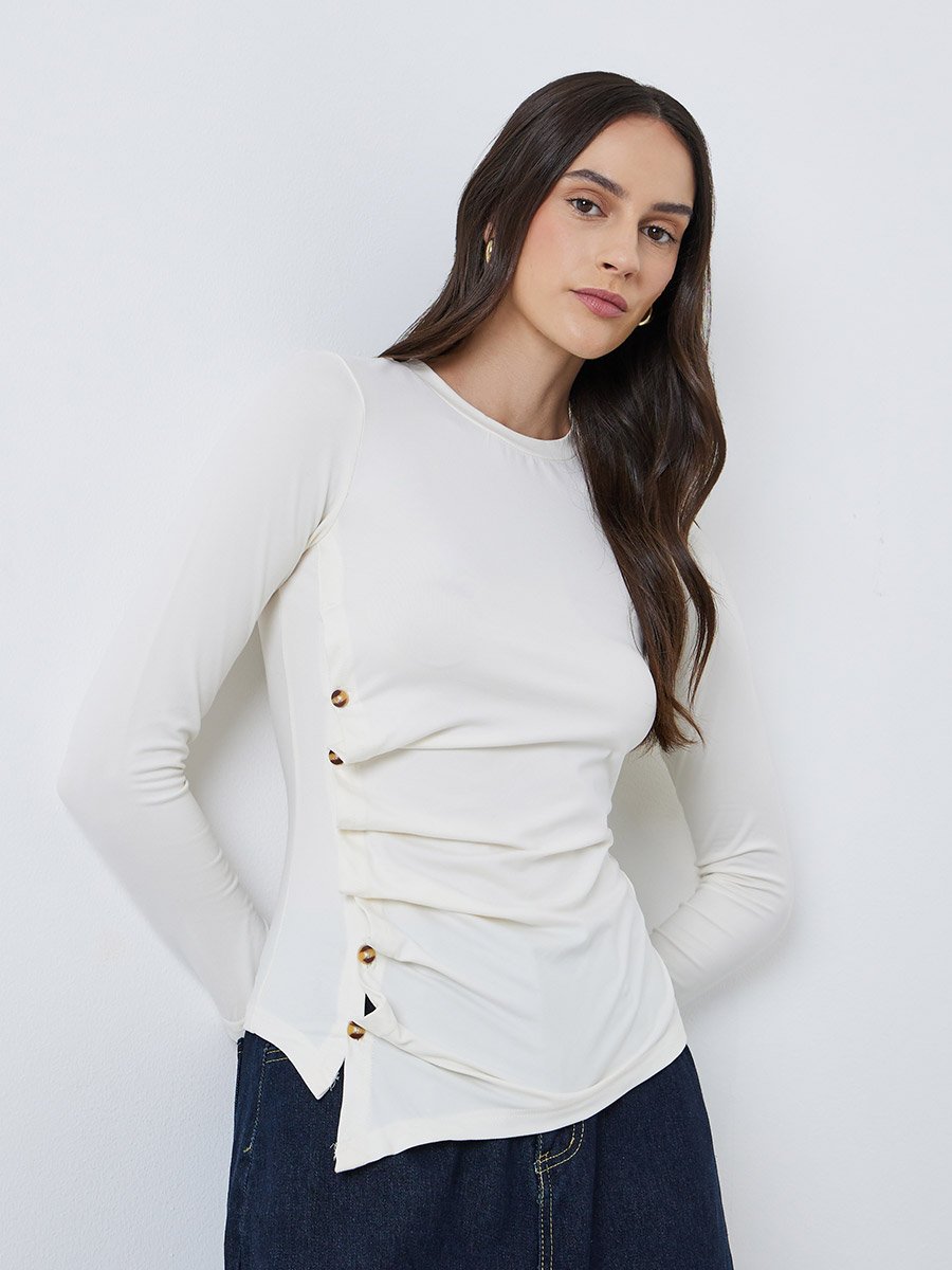 Asymmetric Hem Button Detail Long Sleeve Top