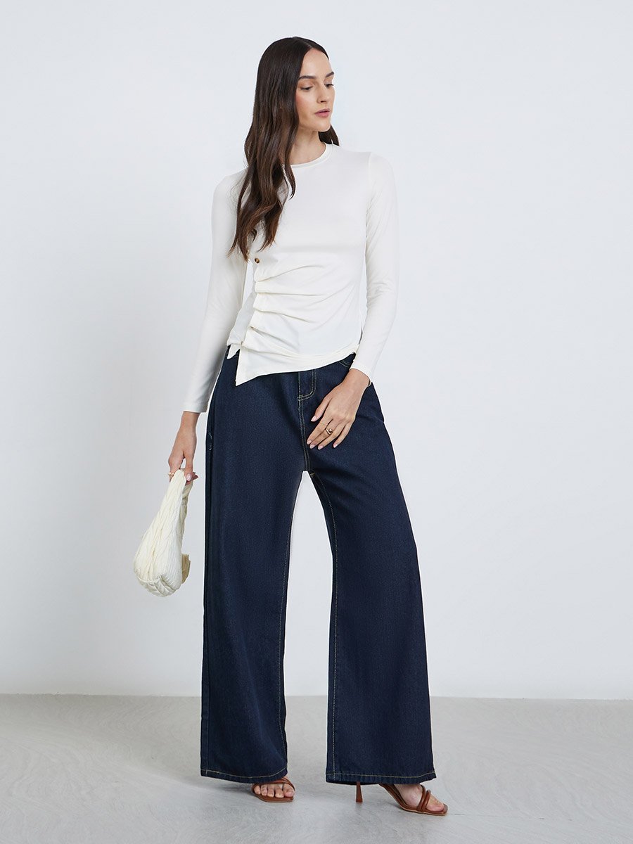Asymmetric Hem Button Detail Long Sleeve Top