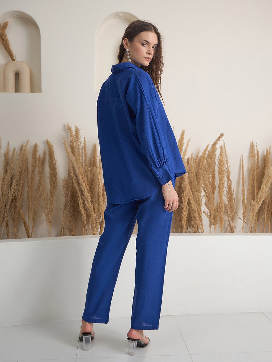 Solid Pure Cotton Buttoned Shirt and Pants Co-Ords