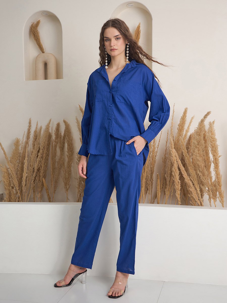 Solid Pure Cotton Buttoned Shirt and Pants Co-Ords