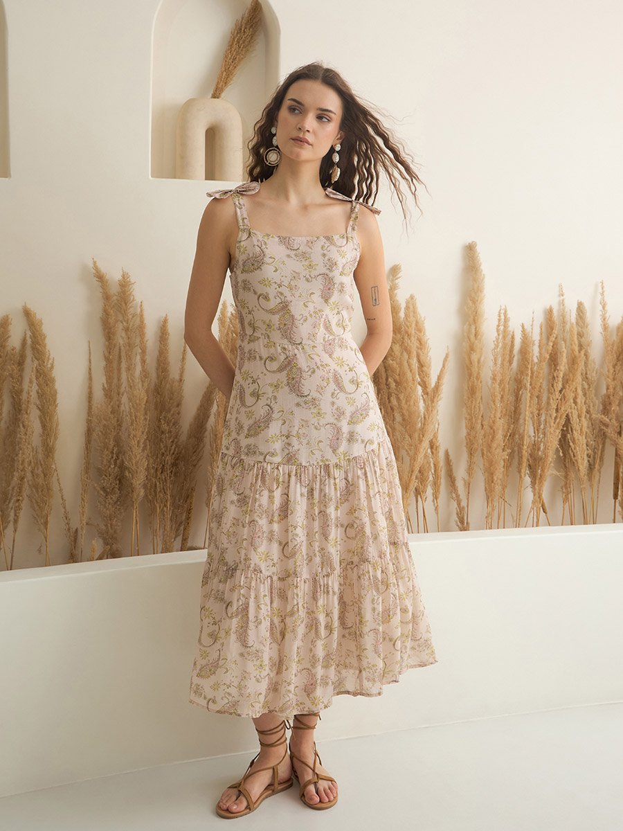 Women Peach Printed Cotton Blend A-Line Dress For Women at Bahrain | Styli Women Peach Printed Cotton Blend A-Line Dress For Women at Bahrain | Styli