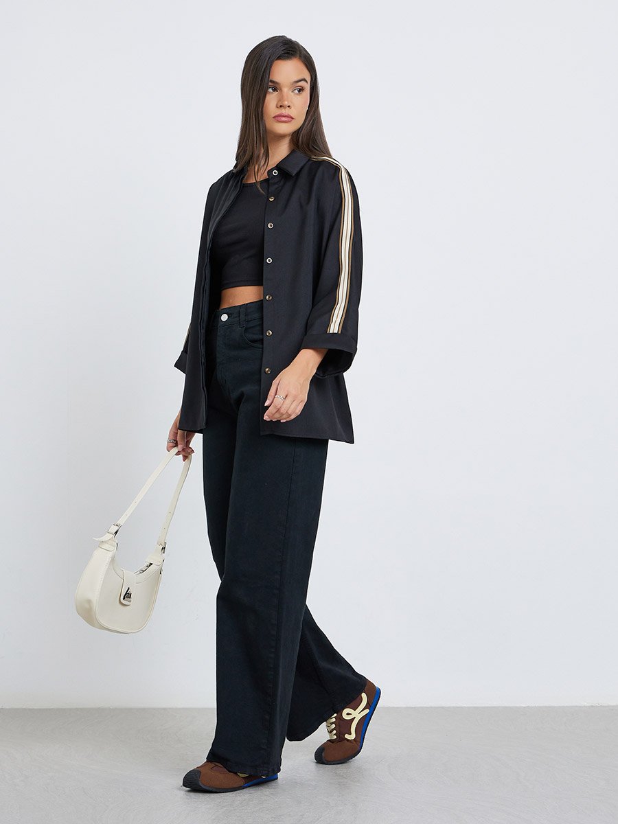Women Black Relaxed Fit Shirt with Taping Sleeve