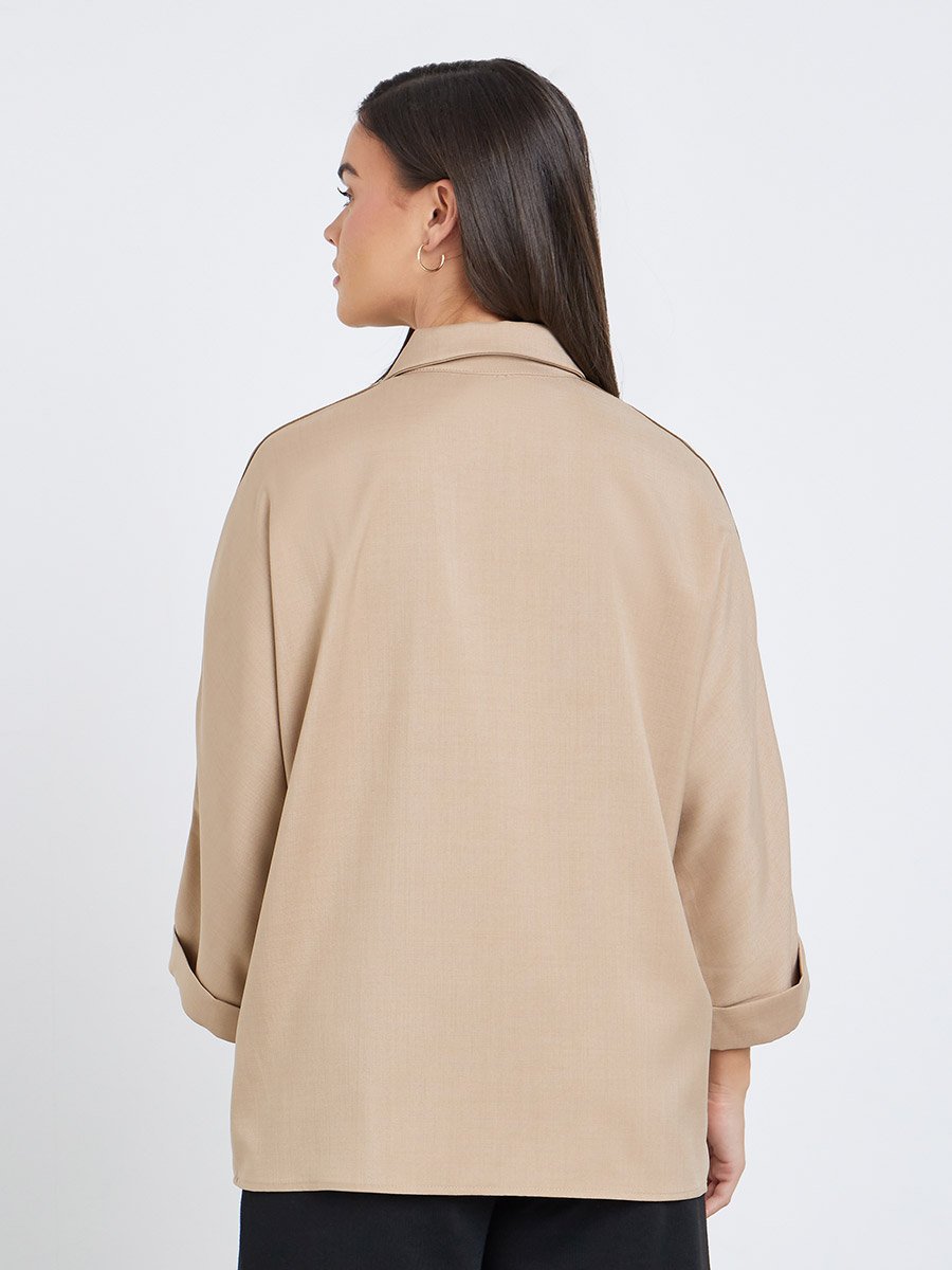 Women Beige Relaxed Fit Shirt with Taping Sleeve